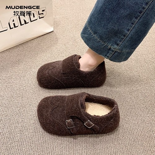 内增高毛绒勃肯鞋女圆头魔术贴厚底懒人鞋棕色皮带扣舒适休闲单鞋 - 图0