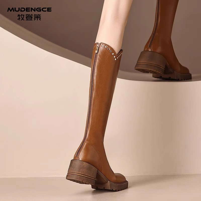 复古v口高跟长靴女新款英伦方头小众长筒靴棕色不过膝气质骑士靴,淘宝优惠券,粉丝福利购,淘宝优惠卷