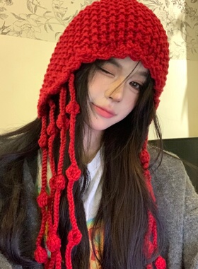 保暖红色毛线帽护耳帽女红色保暖