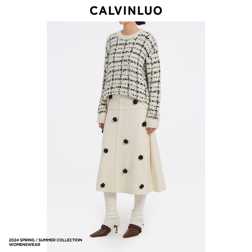 CALVINLUO 珠花装饰毛呢半裙 24春夏 新品 白色