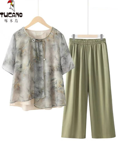 啄木鸟妈妈夏装2025新款套装中老年女装短袖奶奶衣服雪纺T恤洋气