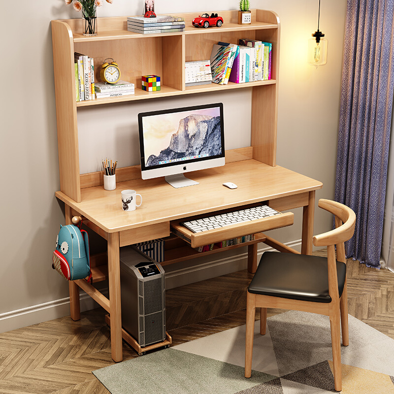 90cm台式电脑桌带书架一体桌原木学生家用写字桌带键盘托实木书桌 - 图0
