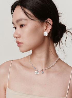 ZHAO ACAP原创设计白水晶海蓝宝双花花串珠锁骨链