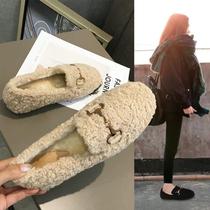 Gross Fur Shoes Women Winter Outwear Plus Suede 2023 New Flat Bottom Warm Lefu Shoes Autumn Winter Lamb Wool Thick Base Bean Bean Shoes