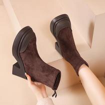 Tide-card retro coarse heel Short boots Women Inn Wind autumn winter new thick bottom elastic boots with velvety 100 hitch casual slim boot