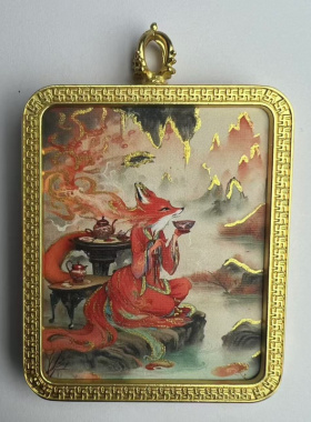 手绘唐卡狐狸呜盒黄财神吊坠绿度