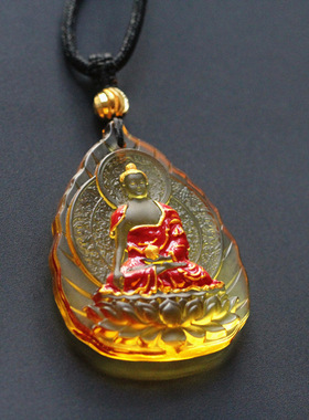 古法琉璃佛像随身黄财神吊坠男女彩绘收藏版项链阿弥陀佛平安挂件