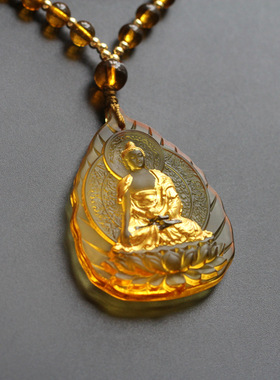 文殊菩萨药师佛蓝色吊坠鎏金琉璃配108颗念佛珠链释迦牟尼佛项链