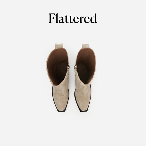 Flattered Carla女士麂皮方头长筒靴复古粗跟西部牛仔靴手工靴子 - 图0