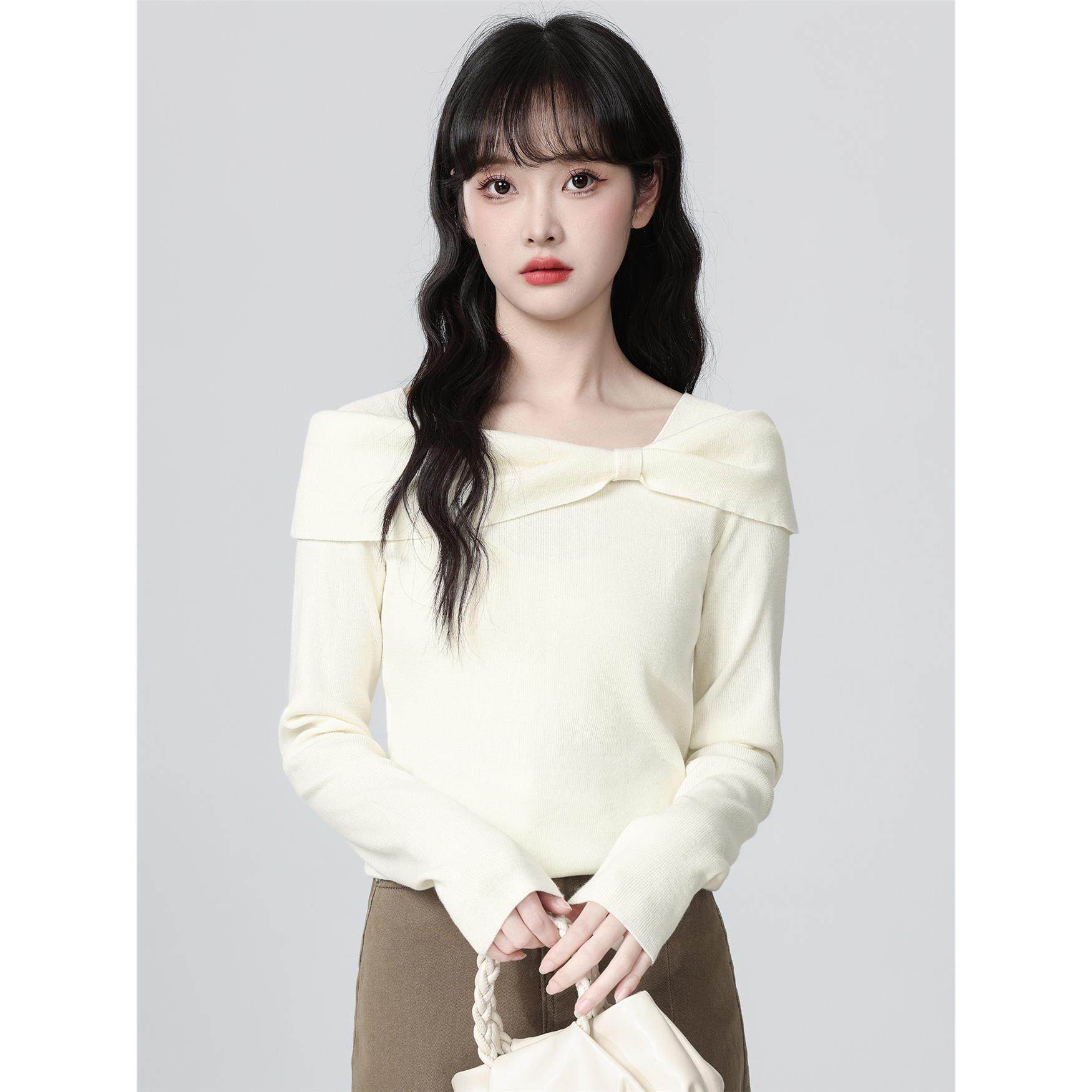 杏色一字肩长袖针织衫女秋2025春秋新款蝴蝶结内搭打底衫显瘦上衣,淘宝优惠券,粉丝福利购,淘宝优惠卷