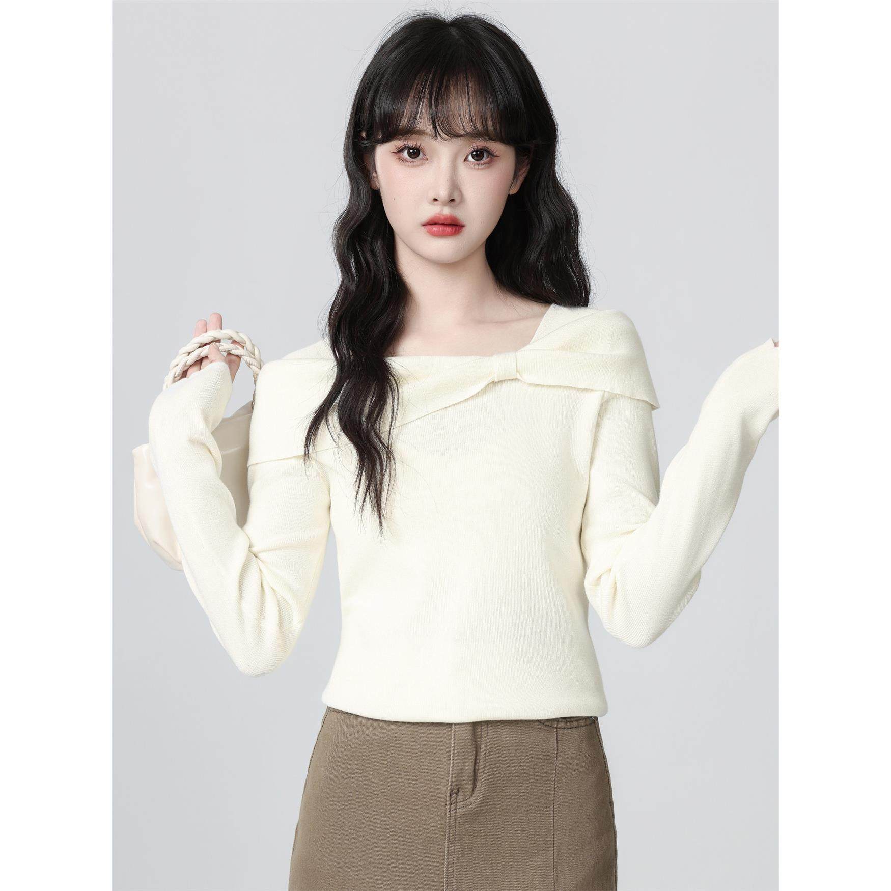 杏色一字肩长袖针织衫女秋2025春秋新款蝴蝶结内搭打底衫显瘦上衣,淘宝优惠券,粉丝福利购,淘宝优惠卷