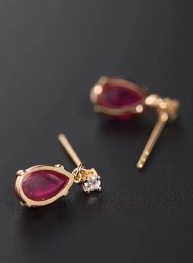 法国Gentle Motto【红水滴】素面仿红宝石女款耳钉镀925镶嵌锆石