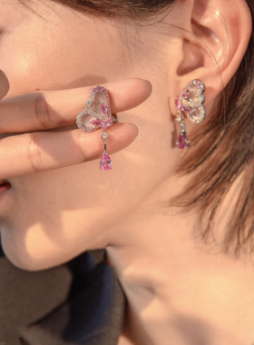 法国gentle motto白贝母渐变红刚玉彩色豪镶蝴蝶耳钉戒指轻奢