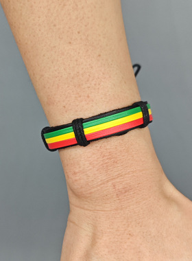 波西米亚网红牙买加红黄绿手环民族编织皮革手链欧美条纹拼色可调