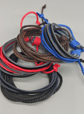 网红款跨境编织皮革手链手绳简约个性复古做旧麻绳多层手環可调