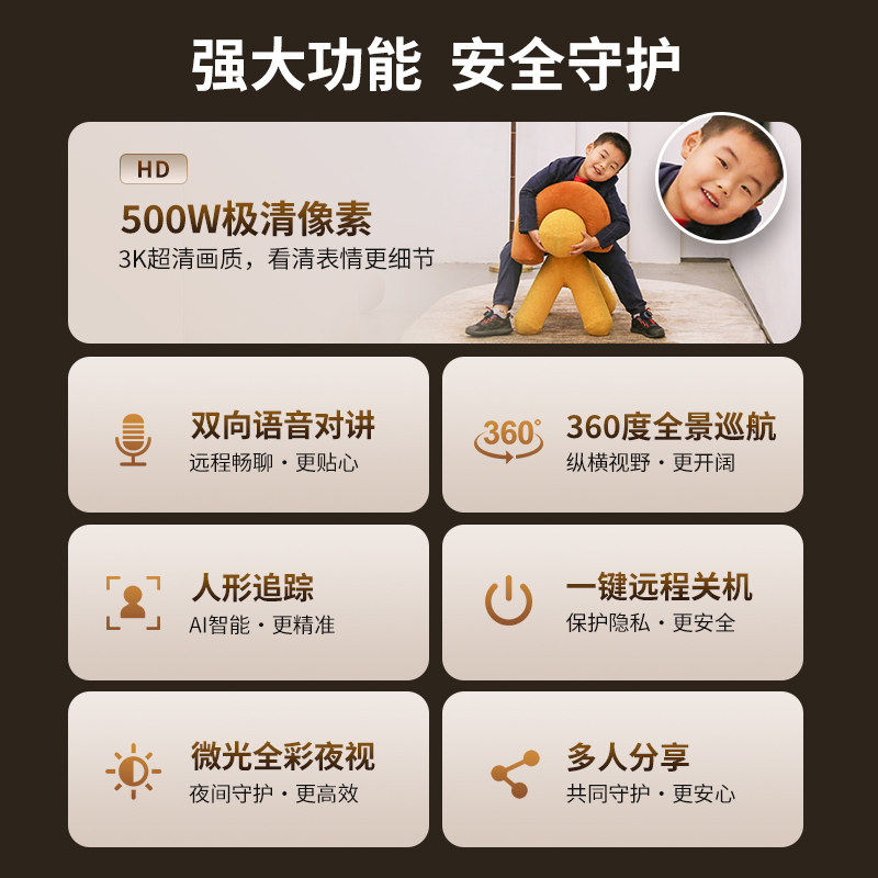小湃500万室内智能摄像头手机远程360全景高清夜视家用摄影监控器