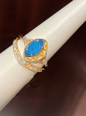 日式s925银 幻蛋白石 静谧森林  橄榄形 眼睛花纹 蓝欧泊戒指