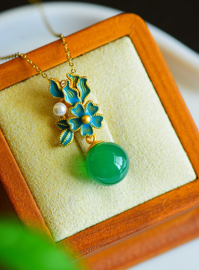 带925银色绿玉髓吊坠冷珐琅花朵宫廷古风玉石挂件项链