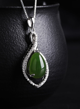 带鉴定古滴绿色玉挂坠925银镂空环锆镶嵌碧玉吊坠