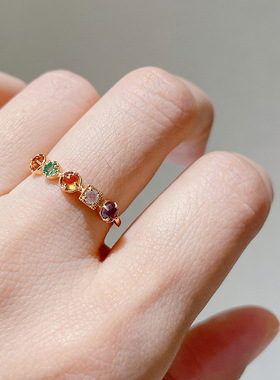 日系轻奢新五颗不规则缤纷彩宝石水晶能量戒子s925银戒指