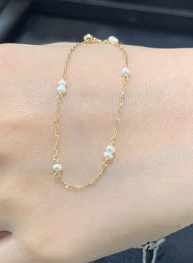 日式轻奢极细迷你珍珠1.8mm米粒珍珠叠带s925银镀10k金手链