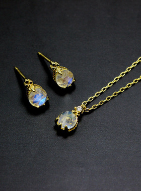 日式轻奢s925银镀14k金快乐花语 月光宝石月光石水滴项链耳钉