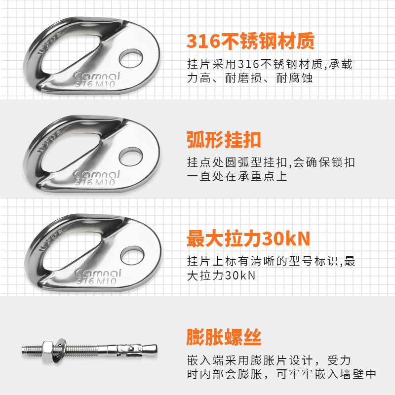 316不锈钢岩钉挂片m10攀岩可拆卸锚点膨胀钉高空作业安全绳固定器 - 图2