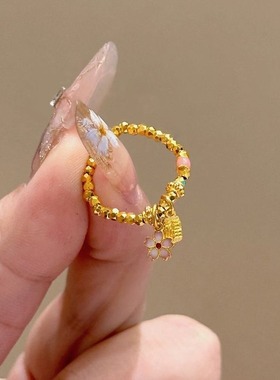 日系Cherry Kitty福牌樱花戒指女ins小众设计感超闪爆闪碎金蹦迪