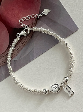 日系cherry kitty925银smile小鱼喵咪银圈手链女手工设计可爱