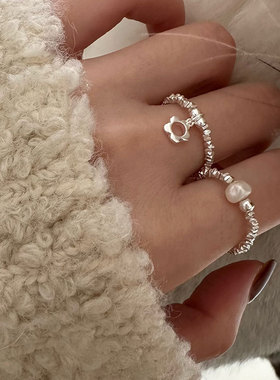 日系cherry kitty925银碎银子珍珠花朵戒指女简约温婉气质个性