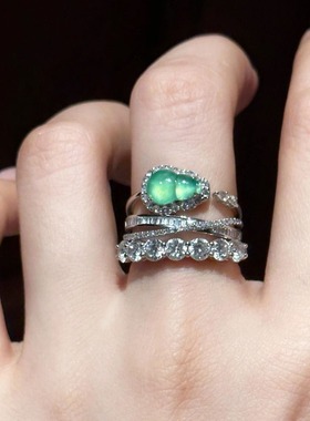 日系Cherry Kitty轻奢国潮满钻交叉绿葫芦戒指女ins新中式宫廷风