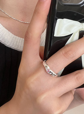 日系cherry kitty925银不规则纹理戒指女ins甜美温暖粉色锆石