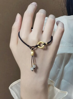 日系Cherry Kitty新中式平安扣小福牌黑绳手链女复古轻奢精致