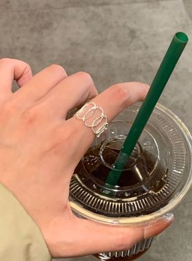 日系cherry kitty925银几何镂空椭圆戒指女简约时尚小众设计感