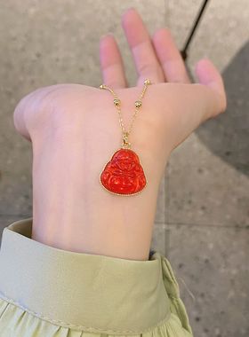 日系cherry kitty新款红色笑脸弥勒佛吊坠项链女新中式轻奢小众