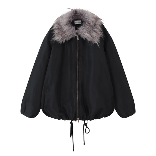 出逃赤岗西原创黑色微光感派克服女冬混色棉衣仿貉毛加厚棉服外套