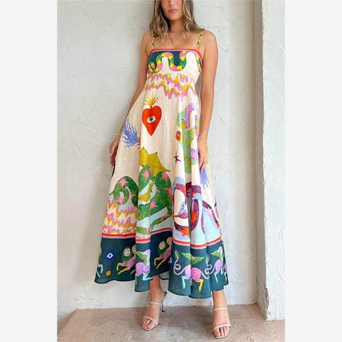 Women's suspender printed sleeveless large swing dress - 图1