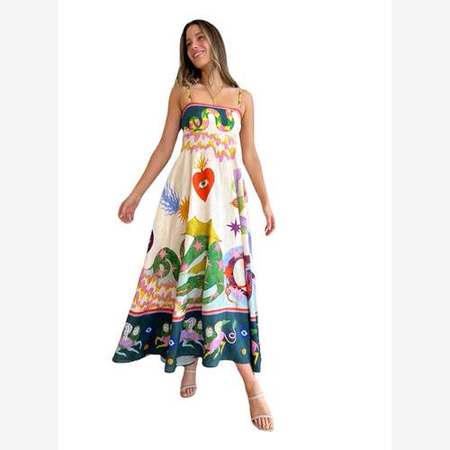 Women's suspender printed sleeveless large swing dress - 图3