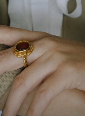 日本portney bell欧美复古不规则铜镀18k镶嵌红玉髓麻花指环小众