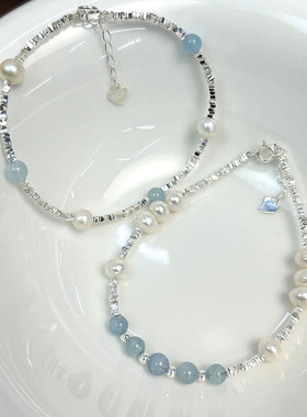 日本portney bells925银海蓝宝淡水珍珠碎银子手链女ins甜美小