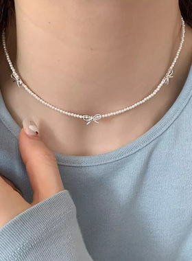 日本portney bells925银蝴蝶结仿施家珍珠项链女ins夏甜美