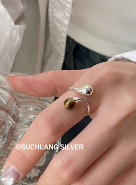 英国设计师cherry kittys925银双生水滴虎眼石戒指女小众设计高级