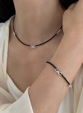 日本portney bells925银黑尖晶蝴蝶结项链女 甜酷风ins小众设计