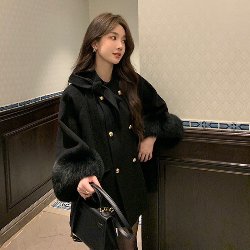 法式毛呢外套秋冬新款气质加厚保暖毛毛袖口呢子大衣小个子 - 图2