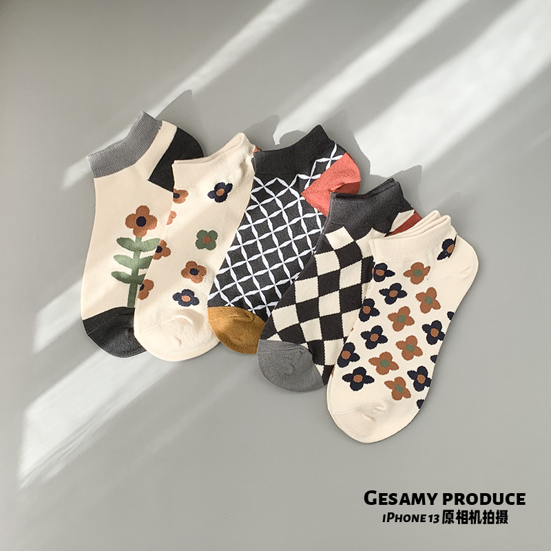 复古小花袜子女ins潮百搭短筒袜纯棉春夏季薄款文艺船袜低腰浅口. - 图0