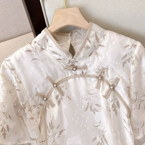 Зеленое летнее ципао, платье, 2024 года, короткий рукав, в цветочек