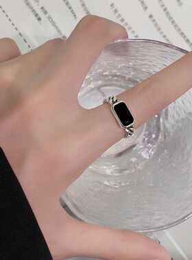 方形时尚女小众黑色链条戒指个性调节可开口设计感ins复古风戒指