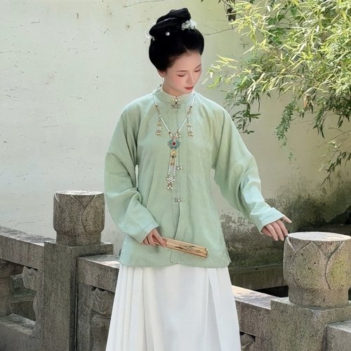 中式立领衬衫思华锦原创明制汉服对襟短袄国风提花衬衫马面裙上衣 - 图0