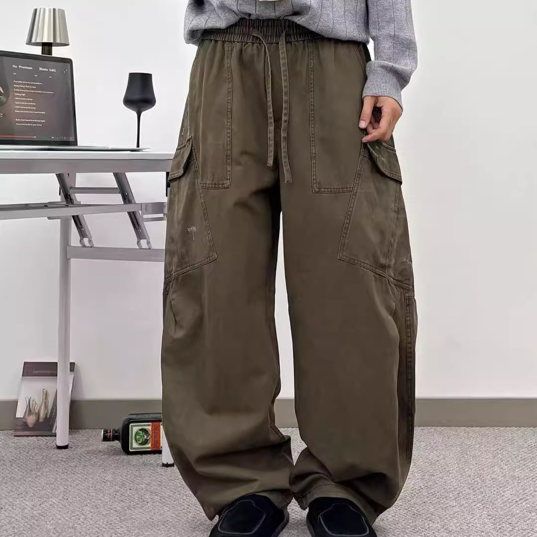 秋冬新款美式加绒加厚时尚工装裤男潮牌宽松直筒休闲长裤子弯刀裤 - 图1