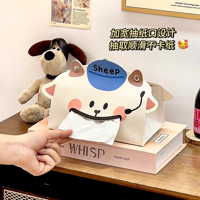 卡通创意纸巾盒家用桌面大容量抽纸盒客厅高级感皮革绒面餐纸抽盒 - 图1